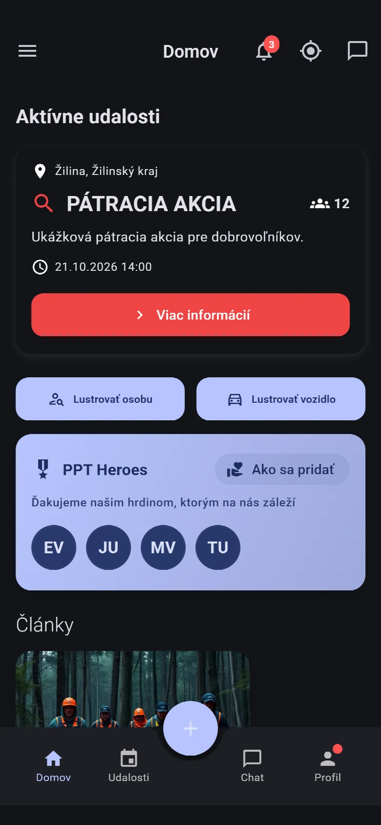 Domov v aplikácii PATRO – ukážka s fiktívnymi údajmi