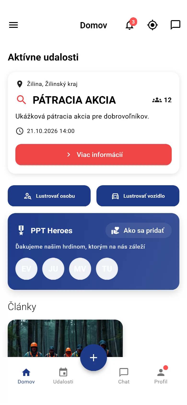 Domov v aplikácii PATRO – ukážka s fiktívnymi údajmi