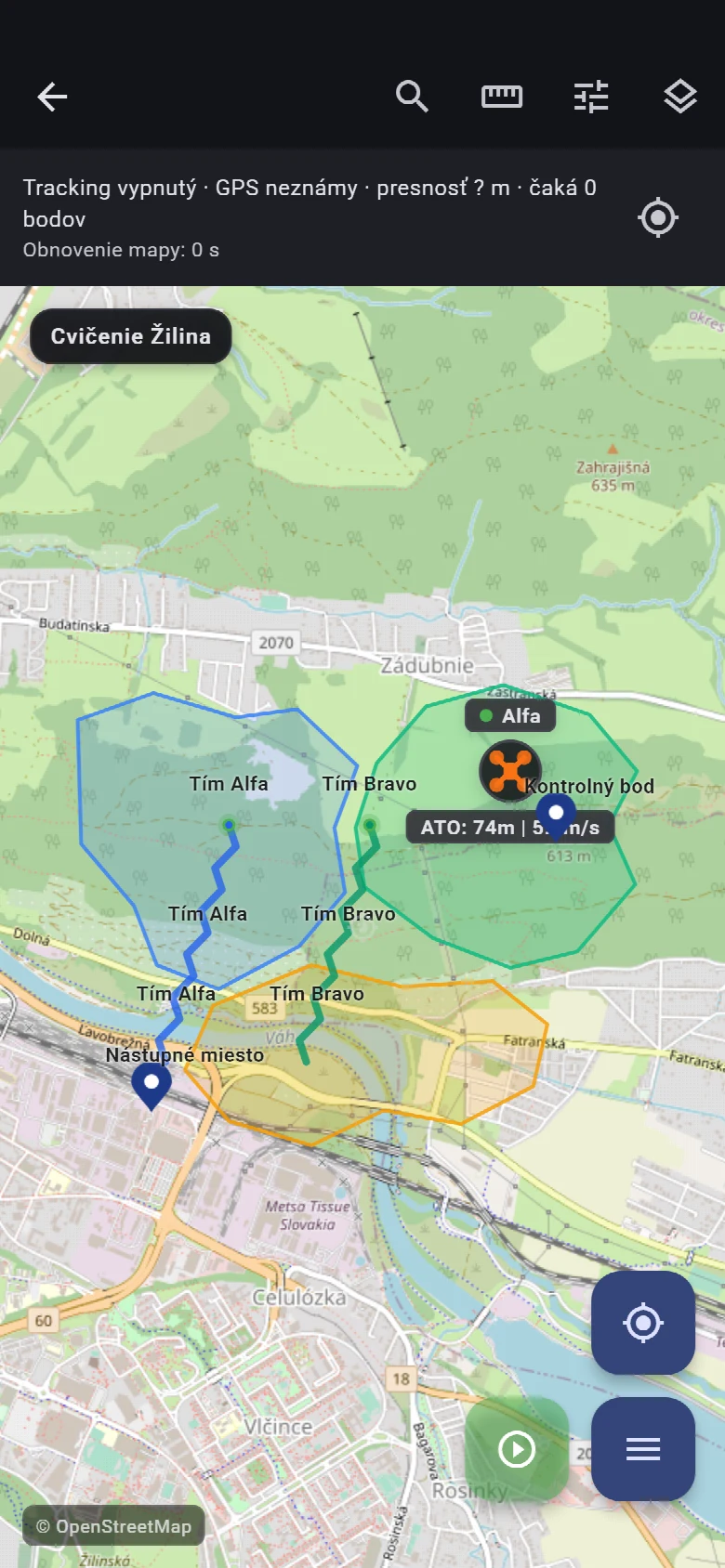 Mapa pátracej akcie v aplikácii PATRO – ukážka s fiktívnymi údajmi