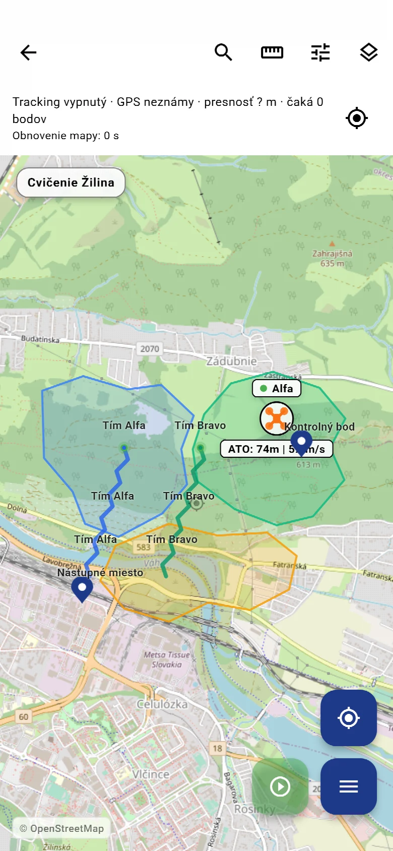 Mapa pátracej akcie v aplikácii PATRO – ukážka s fiktívnymi údajmi