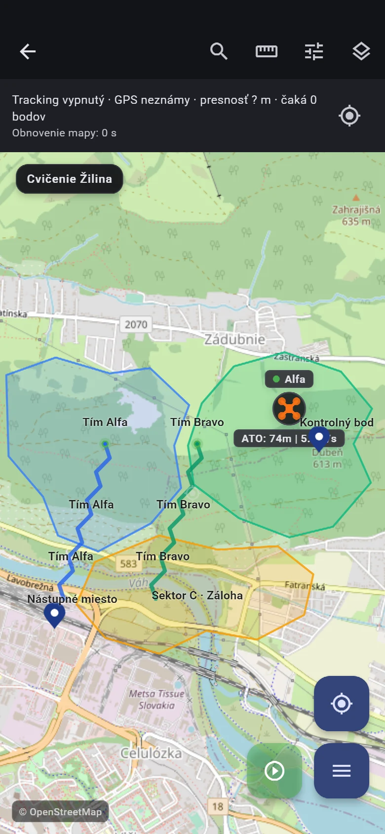 Pátracie sektory a GPS trackeri členov tímu – ukážka s fiktívnymi údajmi