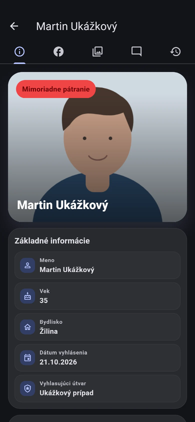 Detail fiktívnej nezvestnej osoby v aplikácii PATRO – ukážka s fiktívnymi údajmi