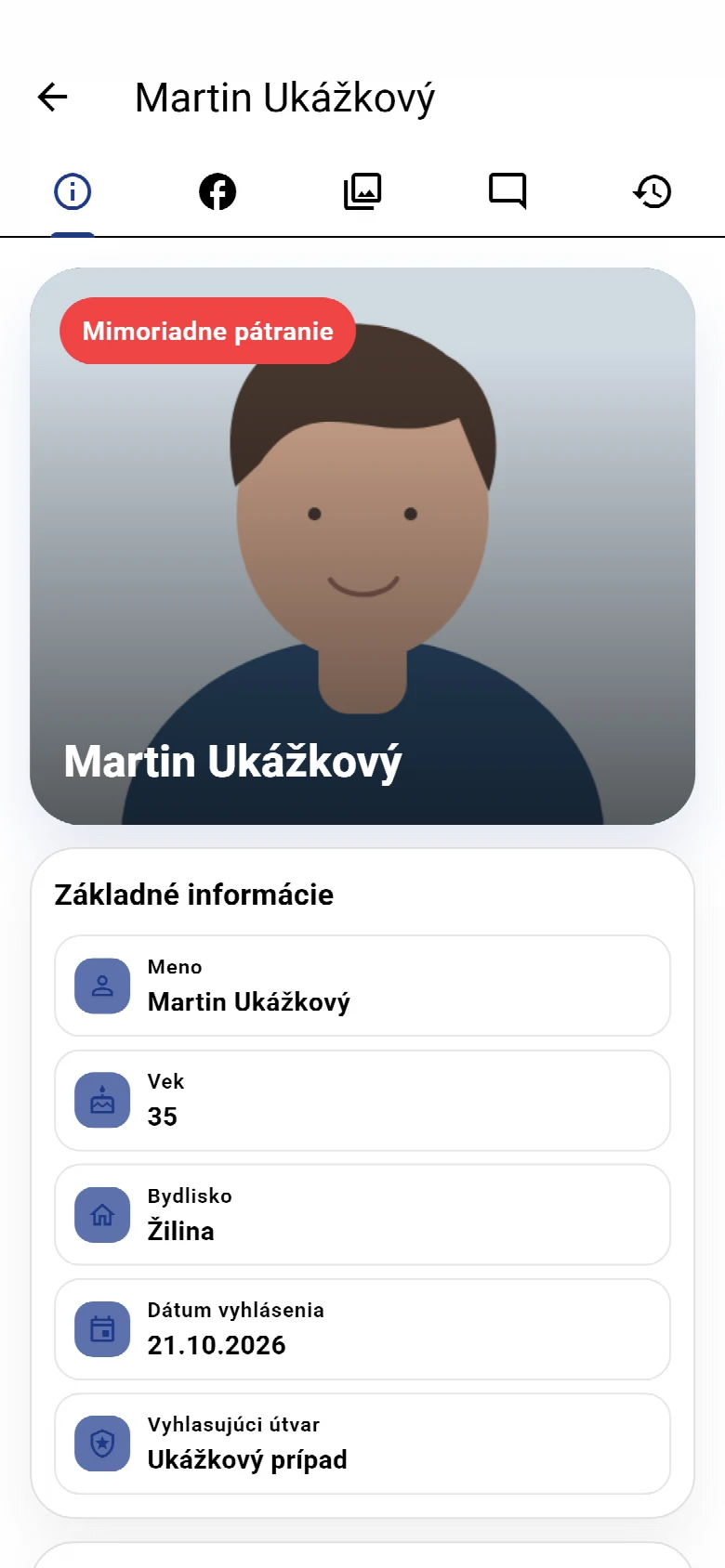 Detail fiktívnej nezvestnej osoby v aplikácii PATRO – ukážka s fiktívnymi údajmi